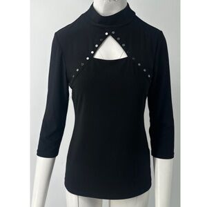 Joseph Ribkoff black studded cutout 3/4 sleeve mock neck blouse NWT sz 6